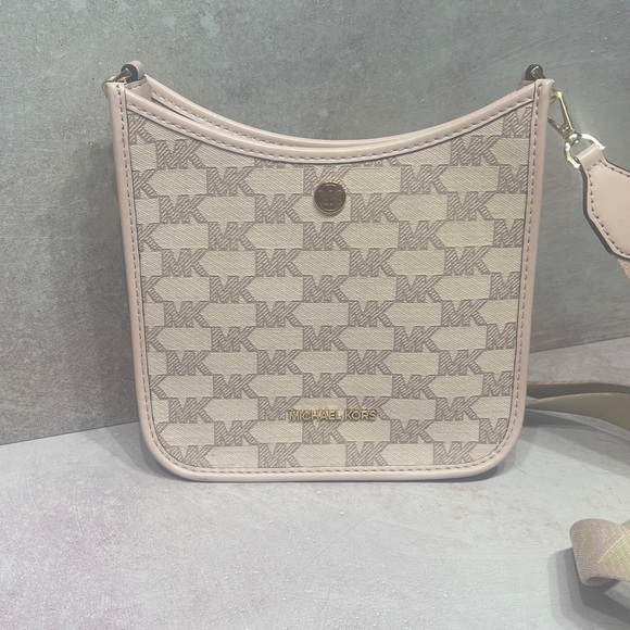 Michael Kors Handbags - Michael Kors Briley Crossbody MK Signature Logo Jacquard Pink & White